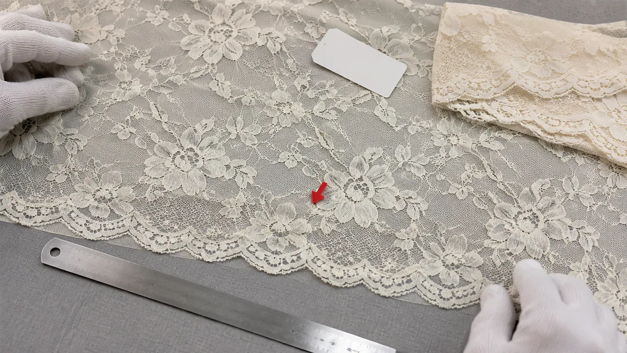 Lace fabric inspected before cutting for motif alignment, scallop consistency and localized defects